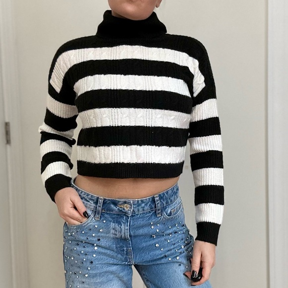Turtle Neck Cable Knit Cropped Stripe Sweater - Picture 2 of 9